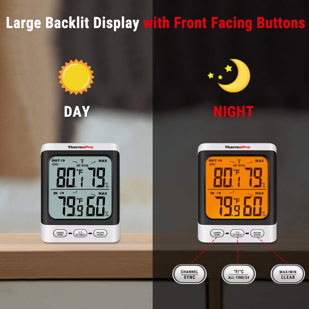 ThermoPro Indoor Outdoor Thermometer Wireless, 500 ft Outside Thermometer with Cold-Resistant Sensor, Outdoor Thermometers for Patio Waterproof with 3.3" LCD Display, Backlit Outdoor Temperature Gauge