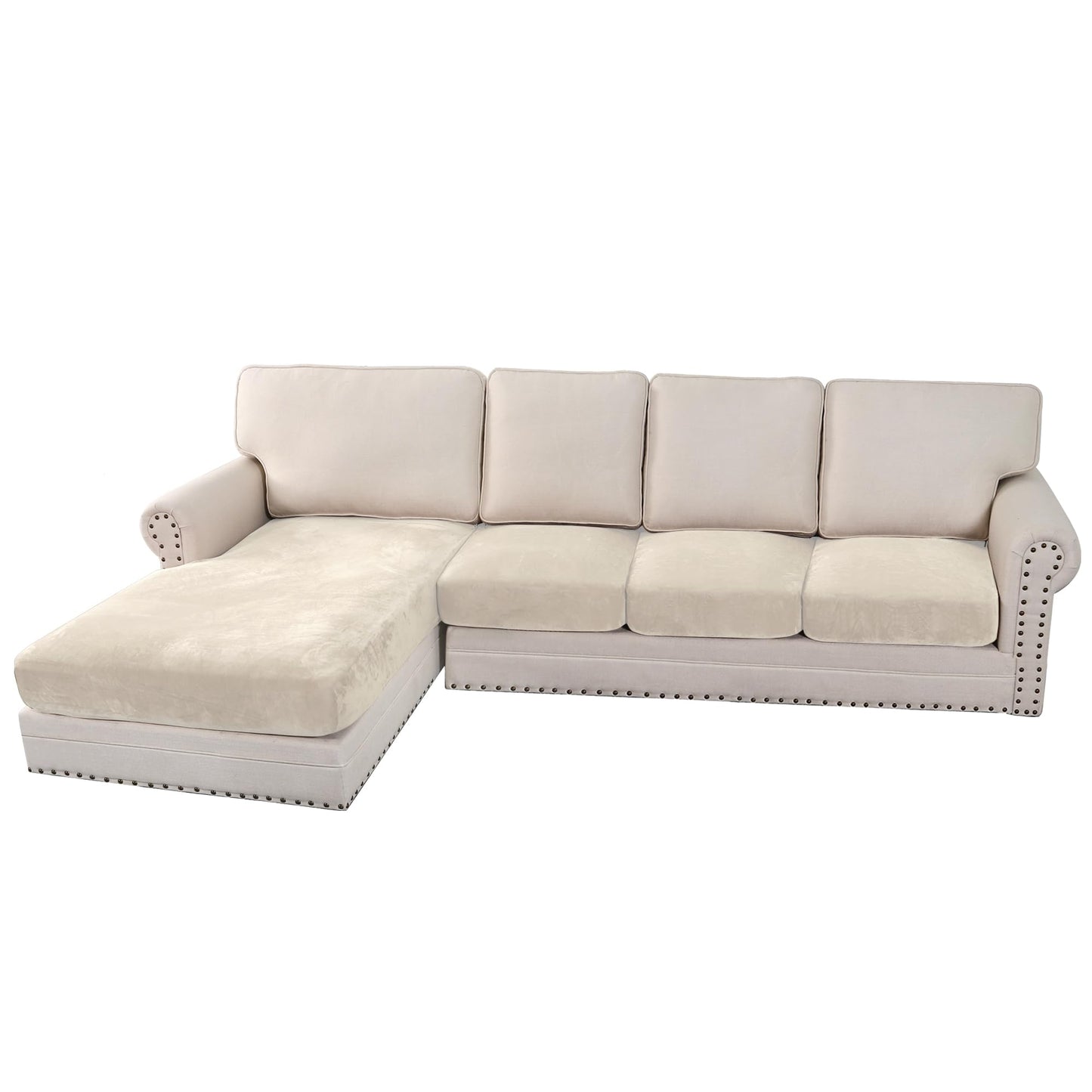 H.VERSAILTEX Velvet Stretch Sectional Couch Covers - 4 Piece Sofa Seat Cushions for L Shape Sectional Couch (Large 3 Seater + 1 Chaise, Ivory)