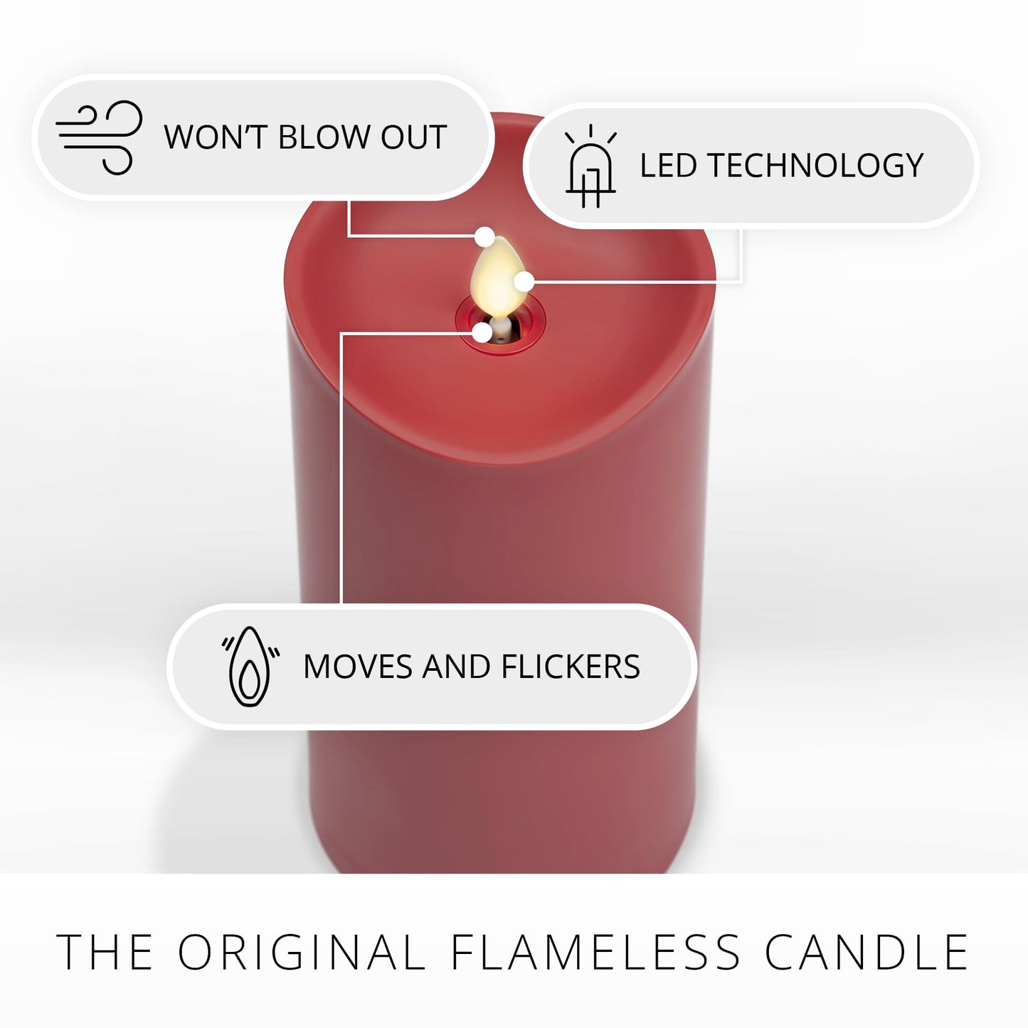 Luminara Outdoor Flameless LED Candle, Cherry Red 3.25" x 7", Moving Flame Pillar Timer Battery Operated Premium Plastic IPX4 Water Resistance