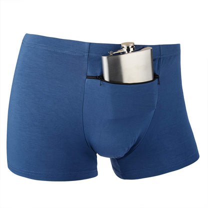 H&R Pocket Underwear for Men with Secret Hidden Front Stash Pocket, Travel Boxer Brief, Large Size 2 Packs (Blue)
