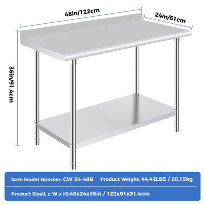OSTBA Stainless Steel Table for Prep & Work 24x48 Inches with Backsplash, NSF Metal Commercial Heavy Duty Table with Adjustable Undershelf and Foot for Restaurant Kitchen Home and Hotel