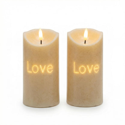 BAIRAYEN Love Flameless Candles 2-Pack, Fiber Optic Fake Candles with Timer, Warm White Battery Operated LED Lights 6" Tall for Wedding, Valentine, Anniversary, Christmas Table Decor