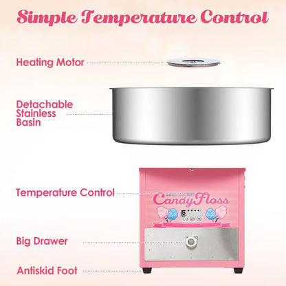 Electric Candy Cotton Machine for Kids Commercial Candy Cotton Maker with 20 Inch Stainless Steel Bowl Party Home Festival Pink