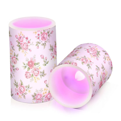 Lights Flameless Candles Pink Rose Flower Floral Pillar Candles Set of 2 Battery Operated Remote Control Warm Lights Home Decor