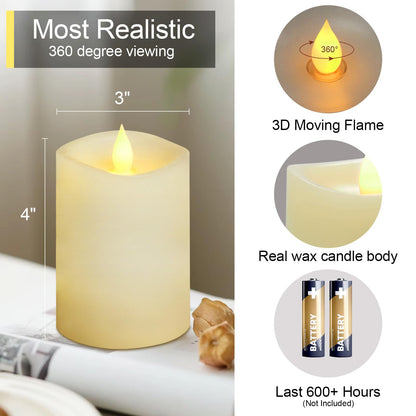 3x4 Flickering Flameless Candles Set of 2, 2AA Battery Life 600 Hours Battery Candles Flickering with Timer,4 inch Flameless Candles with Remote for Indoor/Outdoor, Ivory
