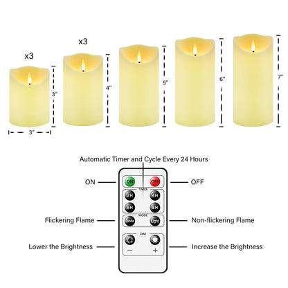 Nimiko Flameless Candles with Remote, Battery Operated Flickering Flameless Candles, LED Candles with Timer 2/4/6/8H, with Realistic LED Candles Set of 9 (D3 x H 3" 4" 5" 6" 7") (Ivory)