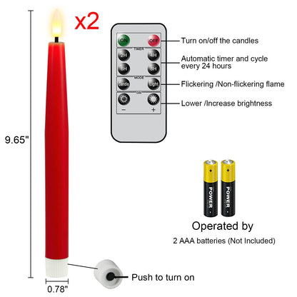 GenSwin Flameless Taper Candles, Set of 2 Red LED Taper Candles Battery Operated with Remote Timer, Real Wax Flameless Candlesticks with 3D Flame for Home Wedding Party Holiday Decor (0.78” x 9.65”)