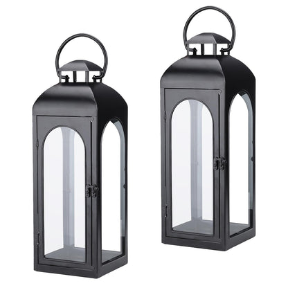 Bdor 2 Pack Luxury Black Metal Lanterns – 16" Tall Modern Hurricane Candle Lanterns with Tempered Glass Panels for Front Porch, Tabletop, Mantel, Wall Hanging, Garden, Indoor & Outdoor Décor