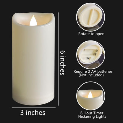 2 Pack Outdoor Battery Operated Candles with Timer (3x6 Inches) Waterproof Flameless Pillar Candles Flickering Plastic LED Fake Candles Electric Lights for Halloween Christmas Decoration Lantern Decor