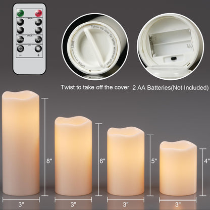 Eldnacele Waterproof Flameless Flickering Candles with Remote and Timer, Battery Operated LED Pillar Candles Indoor Outdoor White Plastic Candle Pack of 4 Wedding Dinner Home Decor, D3 x H4 5" 6" 8"