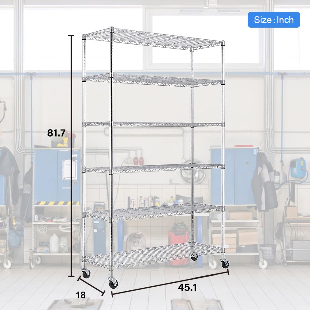 BestMassage 82"x45"x18" 6 Tire Wire Shelving Unit NSF Storage Shelves Large Heavy Duty Metal Shelf Organizer Height Adjustable Commercial Grade Steel Rack 2100 LBS Capacity with Wheels (Chrome)