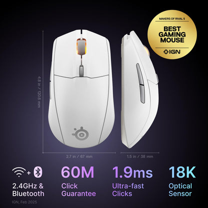 SteelSeries Rival 3 Wireless Gen 2 Gaming Mouse — 2.4GHz and Bluetooth — 18000 DPI TrueMove Air Optical Sensor — 60 Million Click Durability — Light-Weight — 100% PTFE Feet — Black