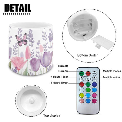 NETILGEN Tulips Flolwer Butterfly 4 Packs Decorative Flameless Candles 3 inch LED Pillar Candles with Remote Timer Control Battery Operated Color Changing Candles
