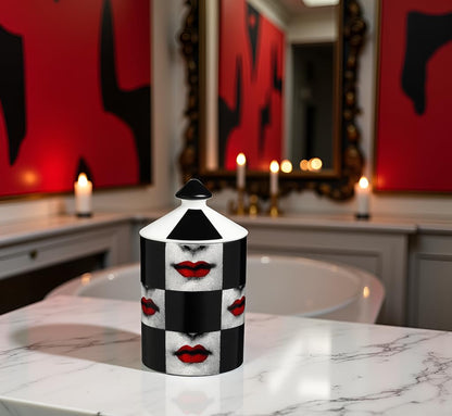 AlphaDesignLuxe Decorative Candle Holder Handcrafted Aromatherapy Candle Jar Italian Designer Décor Fashionable Tabletop Vase Modern Art Female Face Eyes Lips Centerpiece. (Red Lips Black Squares)