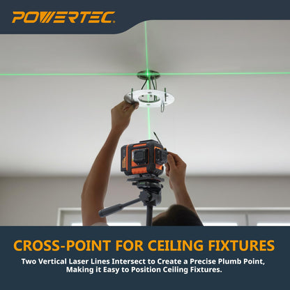 POWERTEC LE3360V 3×360° Laser Level, Self-Leveling with Remote Control & Lift Platform, USB-C Rechargeable – For Construction, Tiling, Framing, Drop Ceilings, Cabinets & DIY Projects