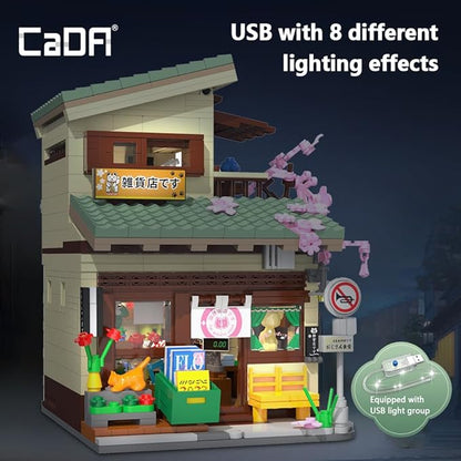 CaDA Japanese Style Cat Grocery Store House Building Set Master C66015W City Street Brick Kit with Lights 8921PCS Modular House Idea Gift for Adults