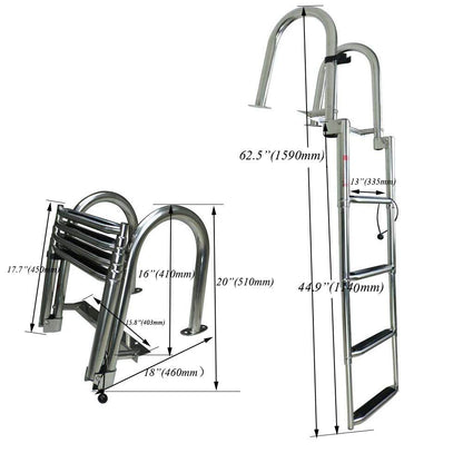 Stainless Steel in-Board 4-Steps Ladder Welded Reinforce Folding Docking Ladder, Folding Telescoping Rear Entry Inboard Ladder