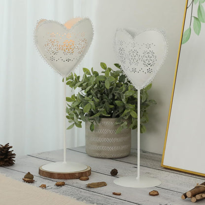 Metal Heart Shaped Candle Holder - White Heart Candlestick Candle Organizer - Iron Candlestick Lantern for Wedding Party Valentine Day Candlelight Dinner Tabletop Decoration - 2PCS