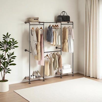 KaKaBB Industrial Pipe Clothing Rack, Wall Mounted Clothing Rack for Hanging Clothes, Adjustable L Shape Corner Clothes Rack with Shelves, Closet System for Walk in Closets(BLACK)
