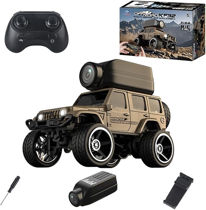 1:64 Mini Alloy Video RC Car – APP &amp Remote Control Built-in Camera for Real-Time Viewing Shock-Absorbing Climbing Design LED Lights 30m Range &amp 15min Runtime（Yellow）