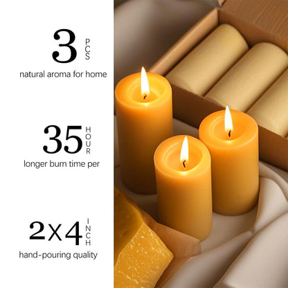 Natural Beeswax Candles 3 Packs, 105 Hours Burn Time Total, 100% Pure Beeswax Pillar Candles for Emergency Prayer Home Decor, Bees Wax Candle for Relax, Smokeless & Dripless [2x4 inch]
