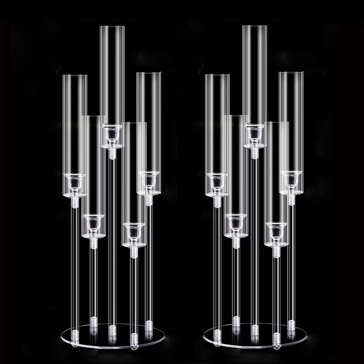 2Pcs Acrylic Candelabra Centerpieces for Wedding,Clear Crystal 5 Arm Candlesticks Holder with Acrylic Shade for Valentine's day Dinner Party Fireplace Gift Fit 0.87 LED Candle
