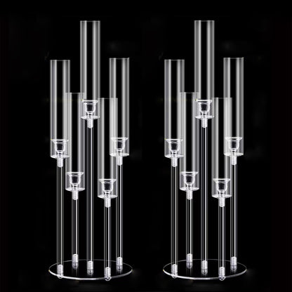 2Pcs Acrylic Candelabra Centerpieces for Wedding,Clear Crystal 5 Arm Candlesticks Holder with Acrylic Shade for Valentine's day Dinner Party Fireplace Gift Fit 0.87 LED Candle