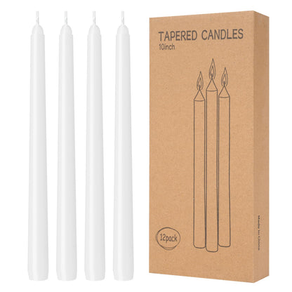 12 Pack White Taper Candles 10 inch - Taper Candles Dripless, Smokeless, Unscented - 8 Hours Long Burning - Hand Poured Tall Candlesticks - Perfect for Home Decor, Weddings, and Special Occasions