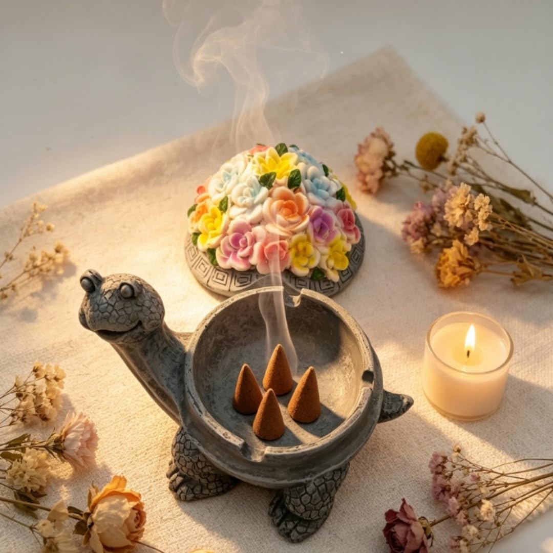 Resin Turtle Decorative Trinket Tray with Lid, 3.5x4.3x5.31 Inch Floral Succulent Style, Easy-Clean Storage Ornament for Aromatherapy Candle, Incense, Home Office Bar Garden