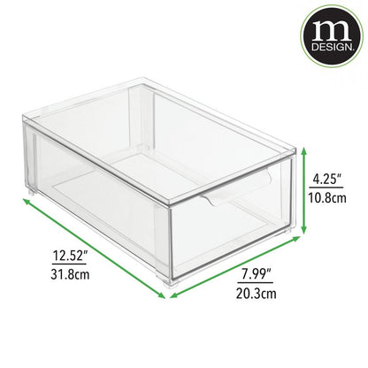mDesign Plastic Stackable Closet Storage Organizer Bin Containers with Front Pull Drawer for Cabinet, Desk, Shelf, Cupboard, or Dresser Organization - Lumiere Collection - Set of 3 - Clear