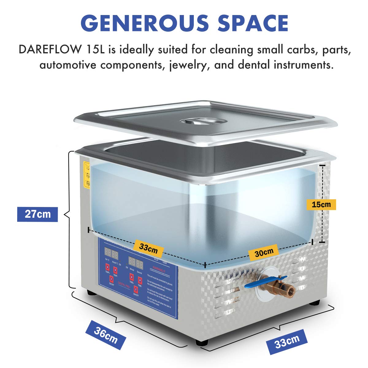 2024 Upgrade 600W Heated Ultrasonic Cleaner 15L Stainless Steel Sonic Bath for Guns Carburetors Injectors Parts and PCB with Free Rubber Gloves Gifts Use in Automotive and Firearm Industry DAREFLOW