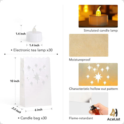 AceList 30 Sets Luminary Bags with Flameless Candles Include 30 Flameless LED Tea Lights, LED Tealight Candles and Moisture-Proof 30 Luminary Bags for Christmas Wedding Party Thanksgiving Decor