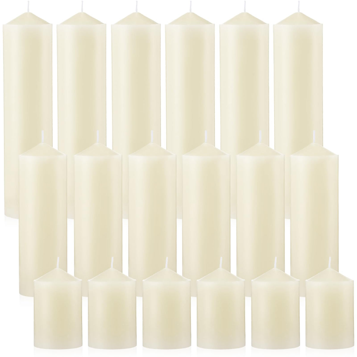 MTLEE 18 Pcs Set of 3 Pillar Candles Bulk 2 in x 3, 6, 8 Long Burning Clean Unscented Smokeless Pillar Candles for Wedding Emergency Lanterns Ceremony Party (Ivory White)