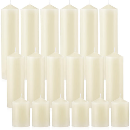 MTLEE 18 Pcs Set of 3 Pillar Candles Bulk 2 in x 3, 6, 8 Long Burning Clean Unscented Smokeless Pillar Candles for Wedding Emergency Lanterns Ceremony Party (Ivory White)