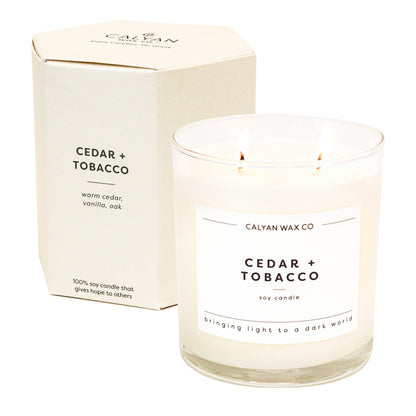 Calyan Wax Co. Cedar & Tobacco 2 Wick Scented Candle - 37 Hour Burn - Luxury Clean Soy Wax Candles - Long Lasting Large Glass Jar Candle for Home - 8.8oz