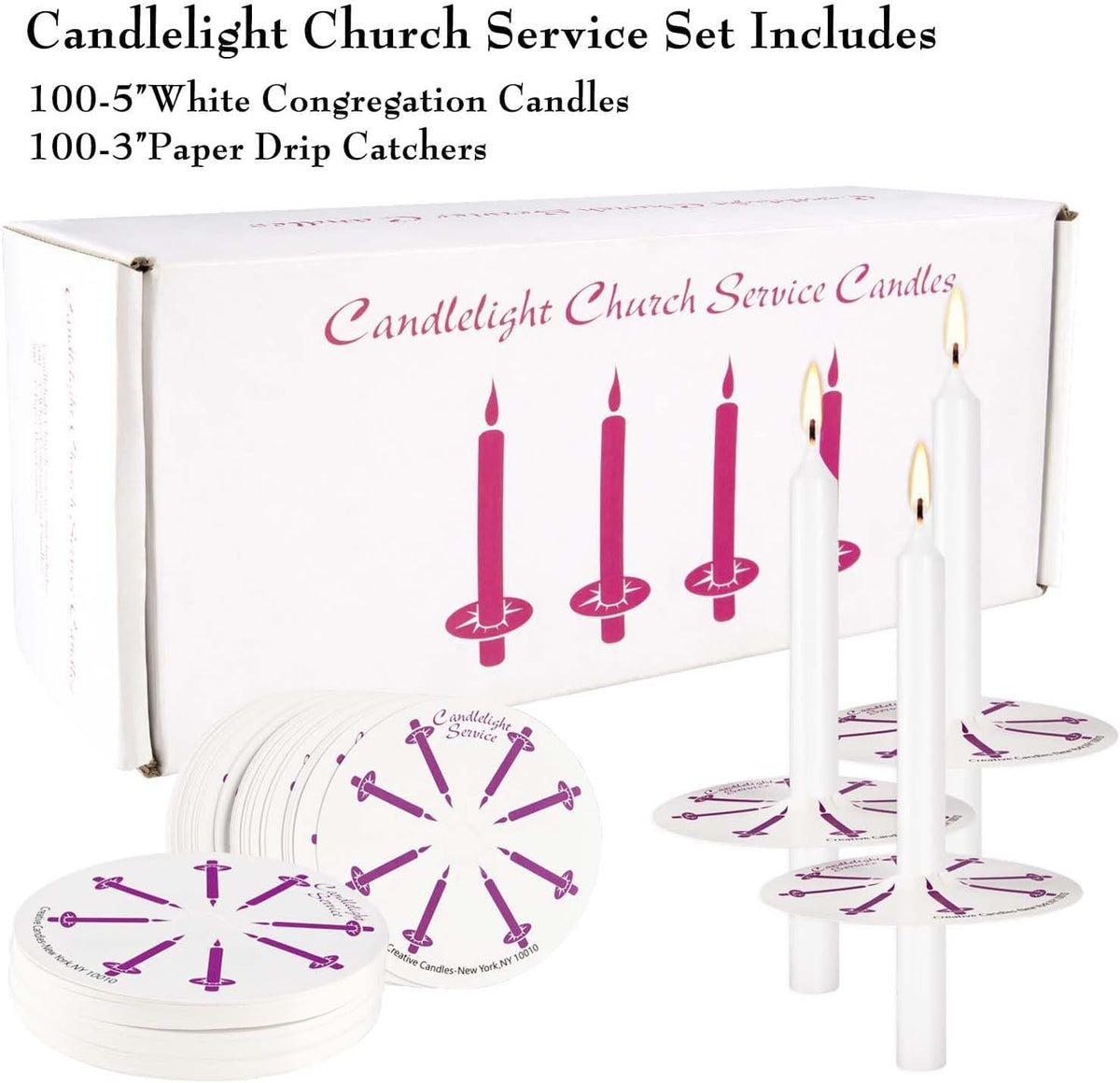 YOROXRG 100 pcs Church Candles with Drip Protectors for Devotional Candlelight Vigil Service, Unscented White 5" H X 1/2" D, No Smoke, Shabbat, Praye
