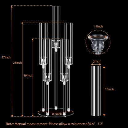 8 Sets 5 Arms Acrylic Candelabra Centerpieces for Tables,Clear Candle Holder for Wedding,Ceremony Dinner Party, 27" Tall Candlestick Holders with Lampshade,Fit LED Candle