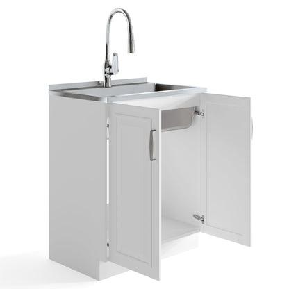 SIMPLIHOME Darwin All-in-One 28 inch Wide Utility Sink and Laundry Cabinet in Pure White Finish, Transitional Stainless Steel Sink Cabinet for Laundry Rooms with High-Arch Pull-Out Faucet and Storage