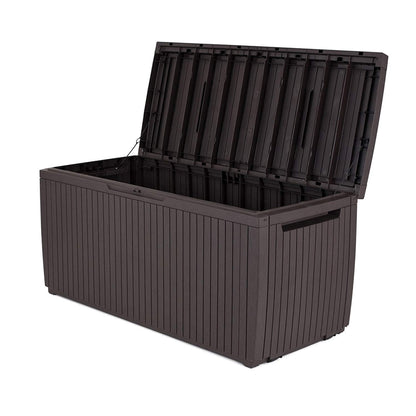 Keter Springwood 80 Gallon Resin Outdoor Storage Box for Patio Furniture Cushions, Pool Toys, and Garden Tools with Handles, Brown