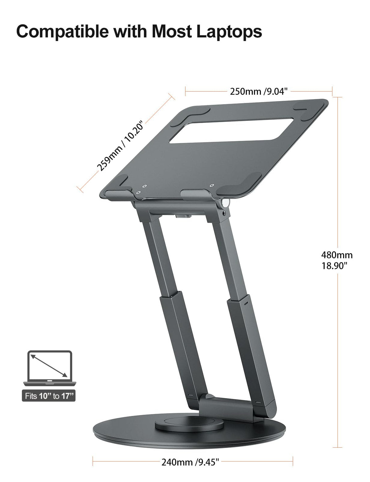 tounee Telescopic Laptop Stand for Desk with 360° Swivel Base, Sit to Stand, Height Adjustable, Portable Riser Holder for Good Posture, Compatible with MacBook Pro, All Laptops 10-17"-Gray