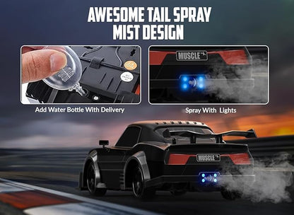RACENT 1:16 RC Drift Car 2.4Ghz 4WD 18KM/H Remote Control Car with Spray Mist Racing and Drifting Wheels LED Light 2 Batteries Sport Model Toys Vehicle for Kids Boys Adults