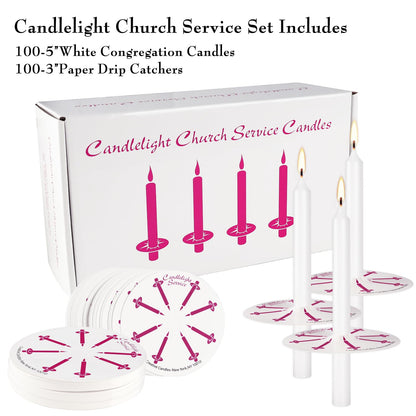 100Pack 4inch White Church Service Taper Candles with 3 Inch Paper Drip Catchers，Smokeless and Unscented | Ideal for Prayers, Vigil,Memorial Services, Religion,Shabbat, Prayer Candles