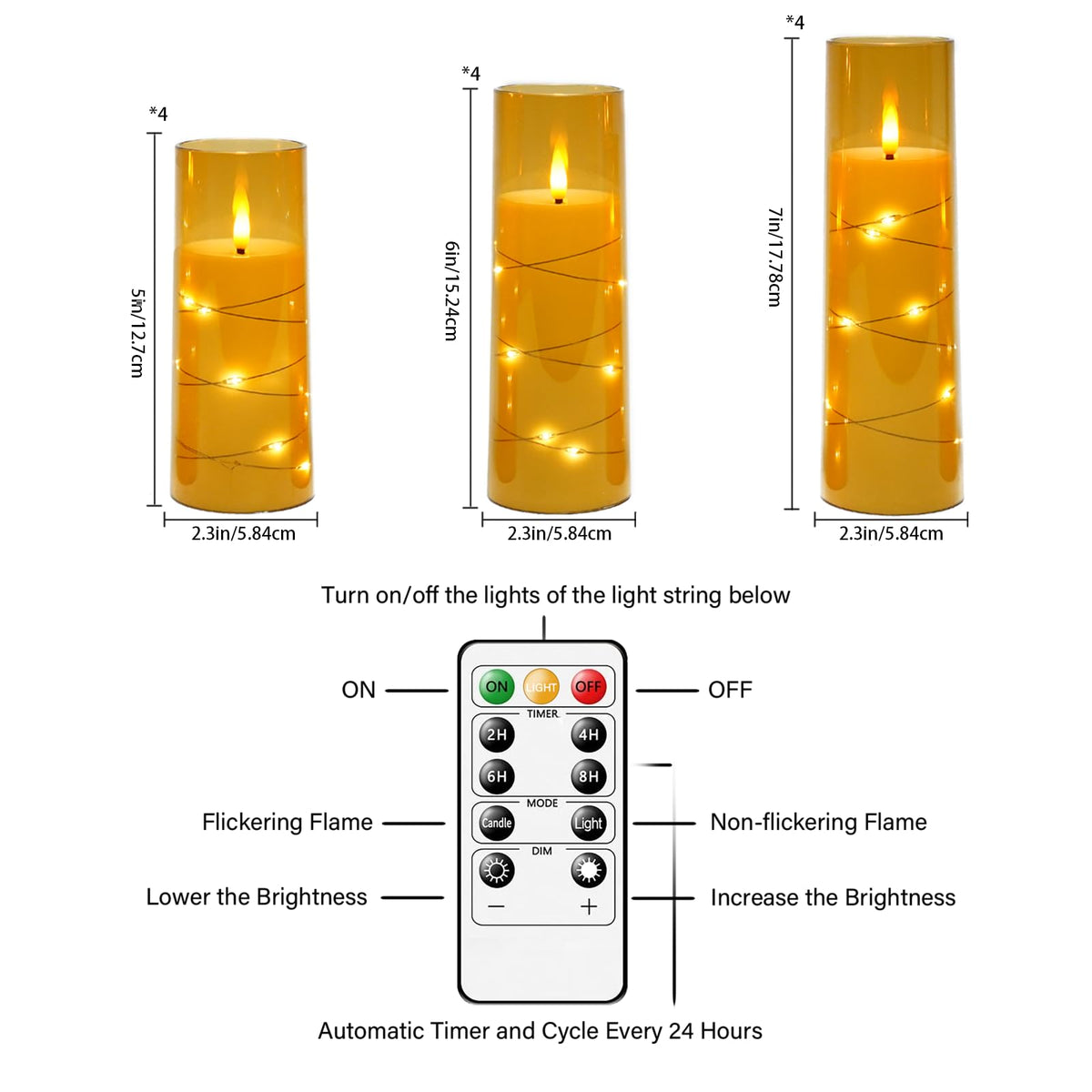 Sasigeiaa Flameless Candles with Embedded Star String - Battery Operated LED Candles, with Remote,12 Gold Flickering Candles for Christmas, Weddings, Home Decor & Party,(D 2.3"×H 5" 6" 7")