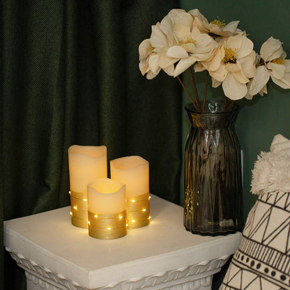 BeMoment Flickering Flameless Candles with Timer, Battery Operated Candle Embedded String Lights, Gold Paint Finish, Ideal for Home Decor, Holidays, and Festivals, 3pcs (D 3" x H 4" 5" 6")