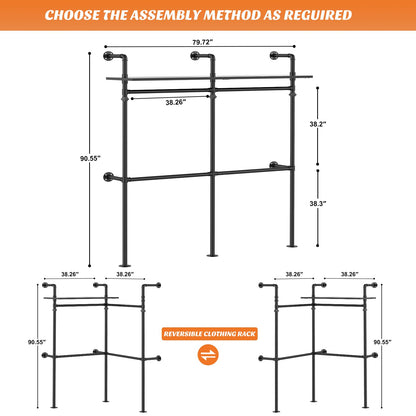Aheaplus Industrial Pipe Clothing Rack, Reversible 79.7'' Clothes Rack for Hanging Clothes, Heavy Duty Garment Racks Closet Wardrobe with LED Lights& Shelves, Walk-in Closet System, Black
