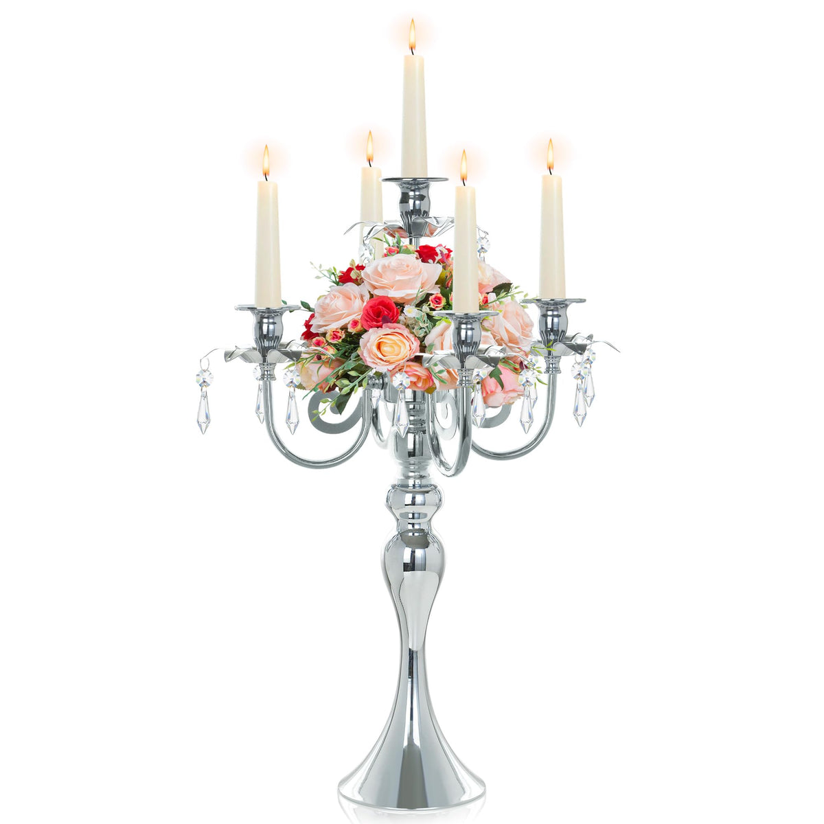 20.3'' Tall 5 Arm Candle Holder Centerpiece for Table, Metal Candelabra Candle Holder, Retro Candlestick Table Centerpieces for Party, Events, Home, Wedding Decor (1Pc, Silver)