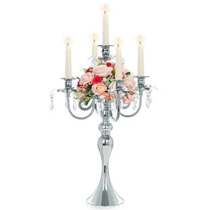 20.3'' Tall 5 Arm Candle Holder Centerpiece for Table, Metal Candelabra Candle Holder, Retro Candlestick Table Centerpieces for Party, Events, Home, Wedding Decor (1Pc, Silver)