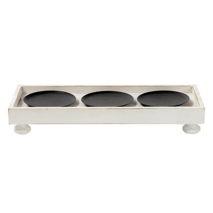 SOFE Rustic White Wooden Candle Holder Tray, 3-Pillar Candle Plate for Tables Mantel Decor, Distressed Finish, Multifunctional Home Decor Accessories