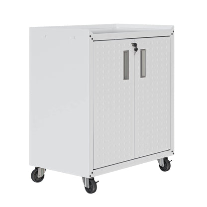 Manhattan Comfort Fortress Rolling Garage Storage Cabinet with 2 Adjustable Shelves, Lockable Metal Tool Compartment, Heavy-Duty Mobile Utility Organizer with Wheels, White