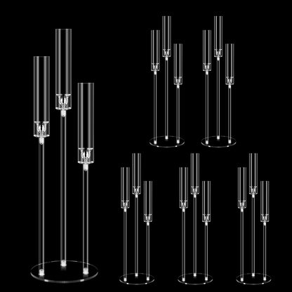 6 Set 3 Arms Acrylic Candelabra Centerpieces for Wedding Table Decorations,30.7" Clear Candlesticks Holder with Acrylic Shade for Valentine's Day Dinner Party Fireplace Decor Fit LED Candle